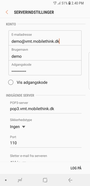 Indtast Brugernavn og Indgående serveradresse