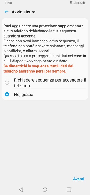 Seleziona la tua opzione preferita e poi Avanti