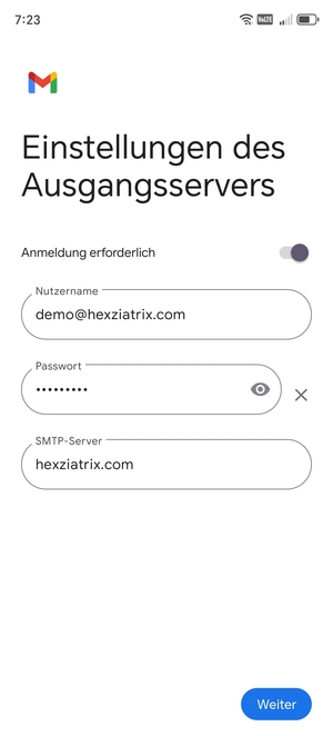 Geben Sie die Server-Adresse für ausgehende Post ein und wählen Sie Weiter