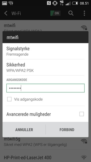 Indtast Wi-Fi adgangskoden og vælg FORBIND
