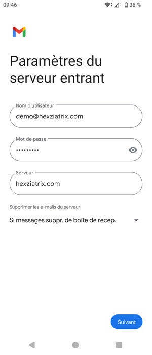 Saisissez votre Nom d'utilisateur et l'adresse du serveur entrant. Sélectionnez Suivant