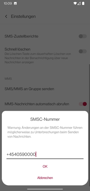 Geben Sie die SMSC-Nummer ein und wählen Sie OK