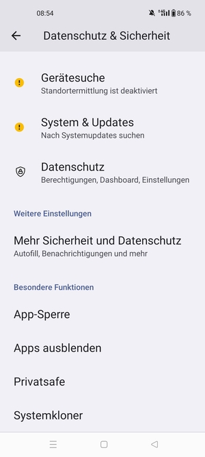 Scrollen Sie und wählen Sie Mehr Sicherheit und Datenschutz