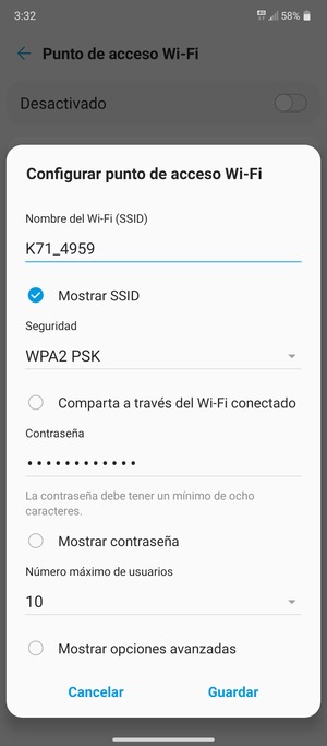Introduzca una contraseña de punto de acceso Wi-Fi de al menos 8 caracteres y seleccione Guardar