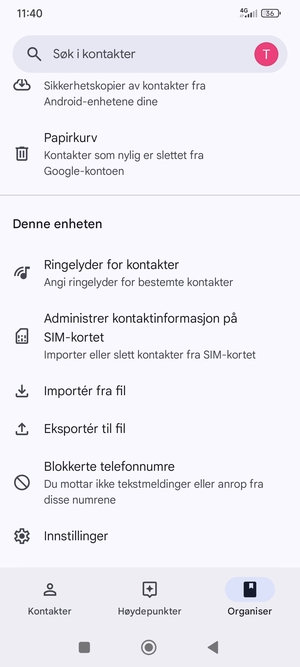 Bla til og velg Administrer kontaktinformasjon på SIM-kortet