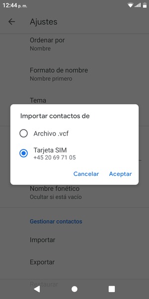 Seleccione Tarjeta SIM y Aceptar