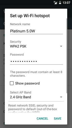 Enter a Wi-Fi hotspot password of at least 8 characters and select SAVE