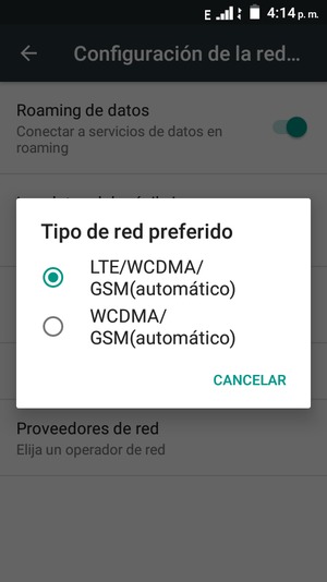 Seleccione WCDMA/GSM(automático) para habilitar 2G/3G y LTE/WCDMA/GSM(automático) para habilitar 3G/4G