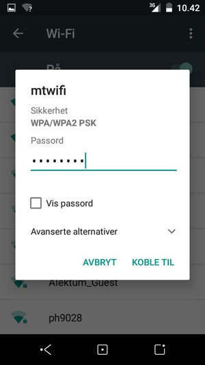 Skriv inn Wi-Fi-passord og velg KOBLE TIL