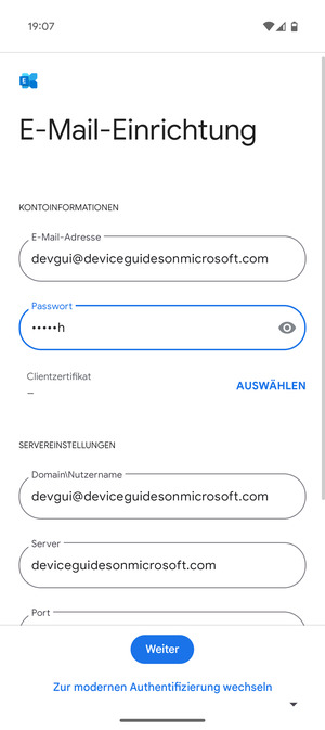 Geben Sie Benutzername und Exchange Server-Adresse ein. Wählen Sie Weiter