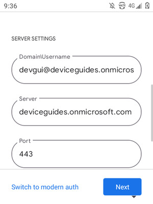 Enter Username and Exchange server address. Select Next