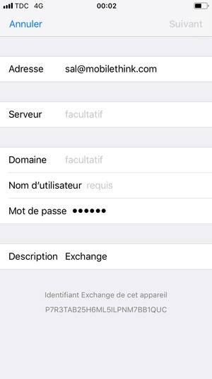 Saisissez vos informations de messagerie Exchange et sélectionnez Suivant
