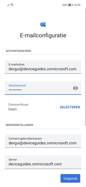 Voer Gebruikersnaam en Exchange serveradres in. Selecteer Volgende