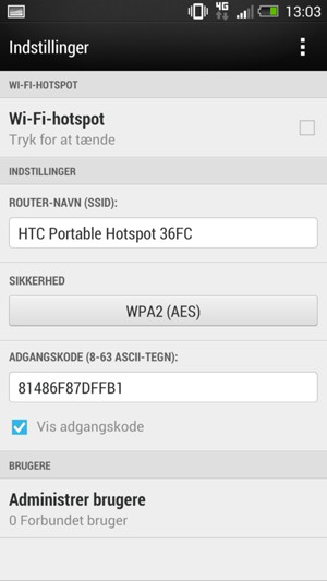 Indtast en adgangskode på minimum 8 tegn og marker tjekboksen Wi-Fi-hotspot
