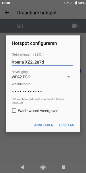Voer een wachtwoord van een WiFi-hotspot in van ten minste 8 tekens en selecteer OPSLAAN