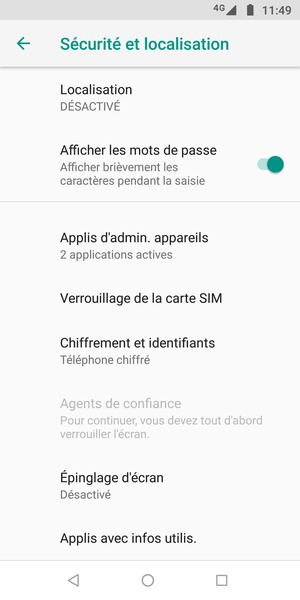 Faites défiler et sélectionnez Verrouillage de la carte SIM
