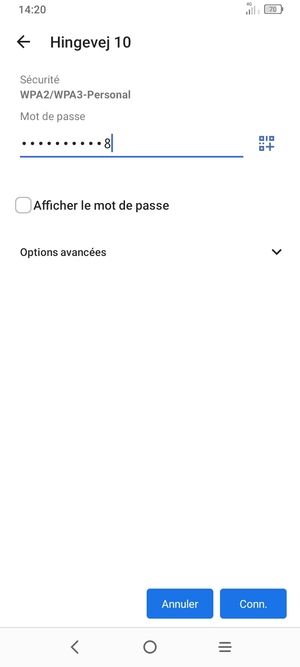 Saisissez le mot de passe du Wi-Fi et sélectionnez Conn.
