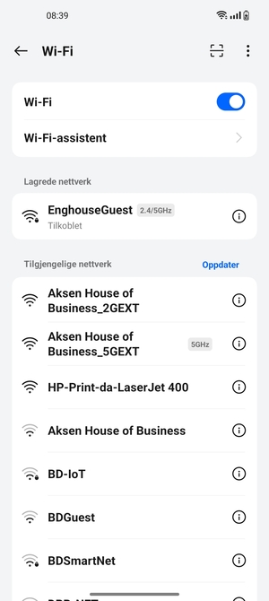 Du er nå koblet til Wi-Fi-nettverket