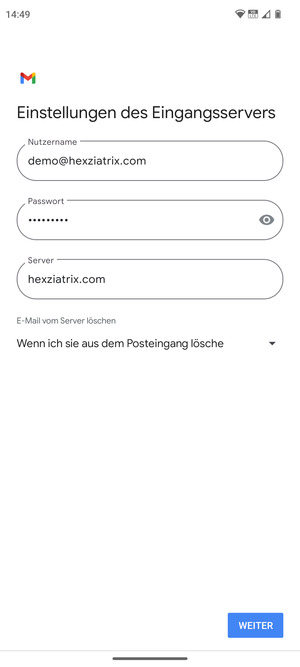 Geben Sie Benutzername und die Server-Adresse für eingehende Post ein. Wählen Sie WEITER