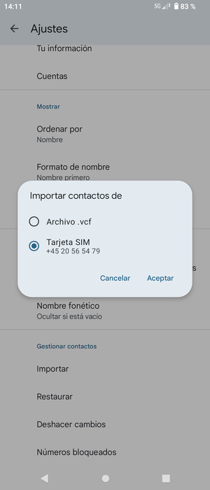 Seleccione Tarjeta SIM y Aceptar