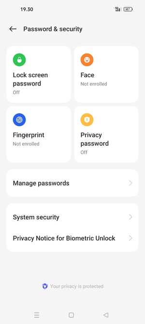 To activate your screen lock, go to the Password & security menu and select Lock screen password