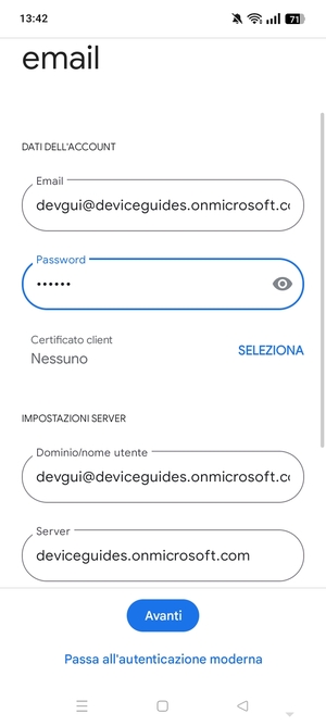 Inserisci Nome utente e l'indirizzo del server Exchange. Seleziona Avanti