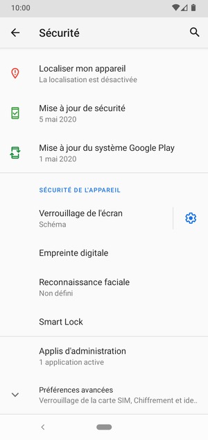 Pour modifier le code PIN de la carte SIM, faites défiler et sélectionnez Préférences avancées