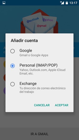 Seleccione Personal (IMAP/POP) y ACEPTAR