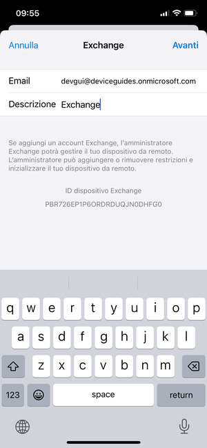 Inserisci informazioni email di Exchange e seleziona Avanti