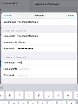 Seleziona POP o IMAP e inserisci le informazioni email per SERVER POSTA IN ARRIVO