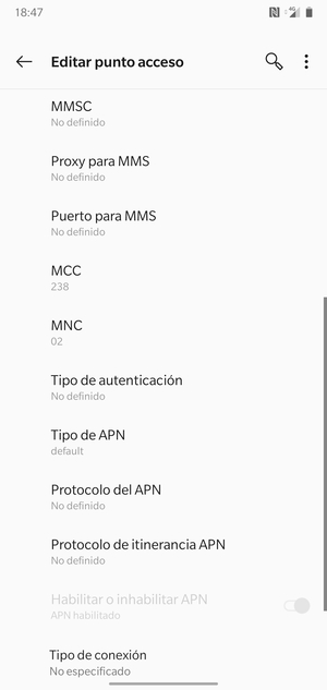 Desplácese hacia abajo e introduzca la información de Internet