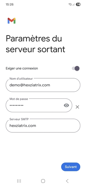 Entrez l'adresse du serveur Sortant et sélectionnez Suivant
