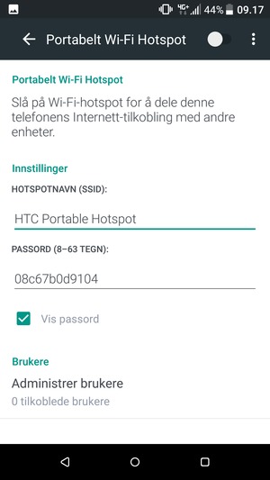 Skriv inn et passord på minst 8 tegn og slå på Portabelt Wi-Fi Hotspot