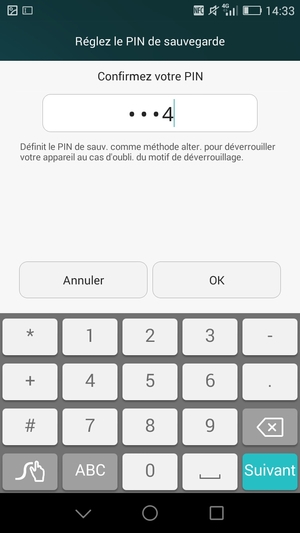 Veuillez confirmer votre PIN de sauvegarde et sélectionner OK