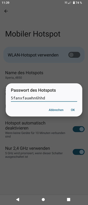 Geben Sie eine WLAN-Hotspot-Passwort mit mindestens 8 Zeichen ein und wählen Sie OK
