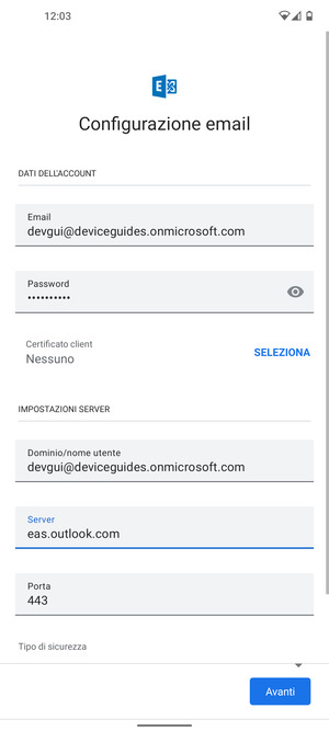 Inserisci Nome utente e l'indirizzo del server Exchange. Seleziona Avanti