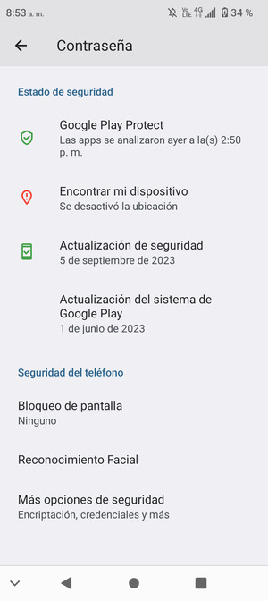 Para cambiar el PIN de la tarjeta SIM, vaya al menú Contraseña y seleccione Más opciones de seguridad
