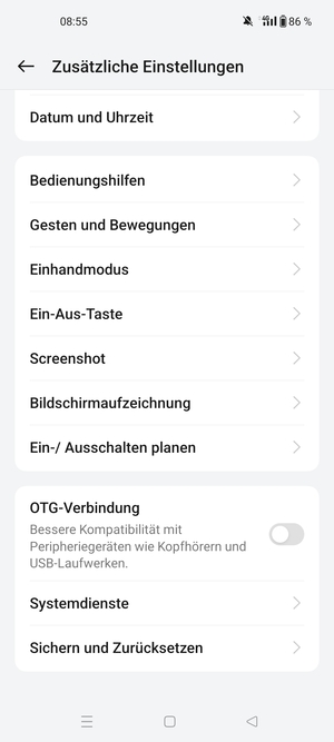Scrollen Sie und wählen Sie Sichern und Zurücksetzen