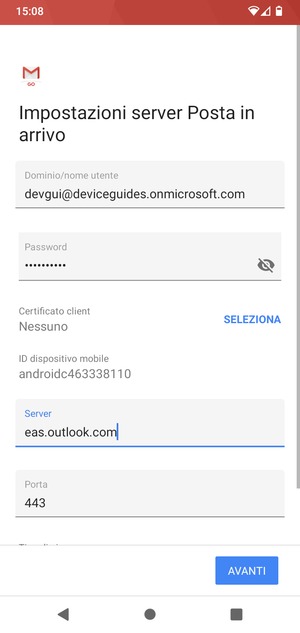 Inserisci Nome utente e l'indirizzo del server Exchange. Seleziona AVANTI