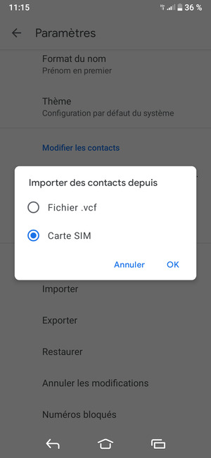 Sélectionnez Carte SIM puis OK