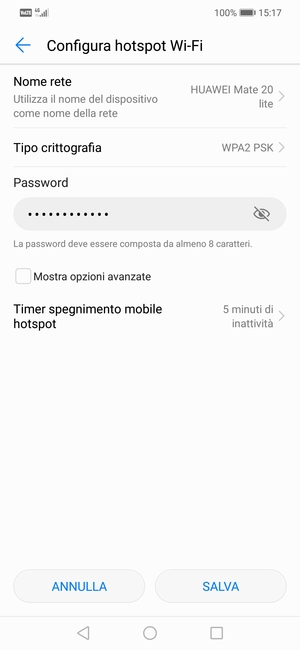 Inserisci una password dell'hotspot Wi-Fi di almeno 8 caratteri e seleziona SALVA