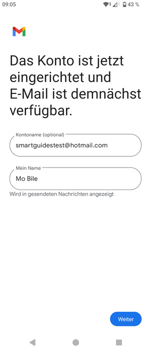 Geben Sie Ihrem Konto einen Namen und geben Sie Ihren Namen ein. Wählen Sie Weiter