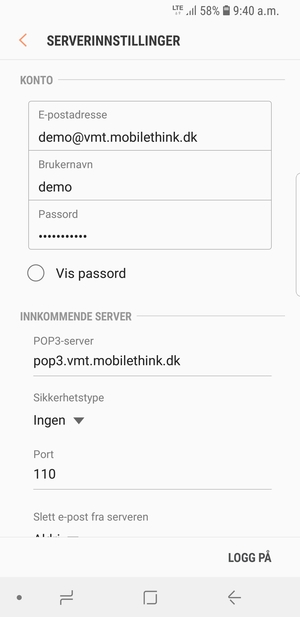 Skriv inn Brukernavn og innkommende serveradresse