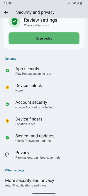 To change the PIN for the SIM card, go to the Security and privacy menu and scroll to and select More security and privacy settings