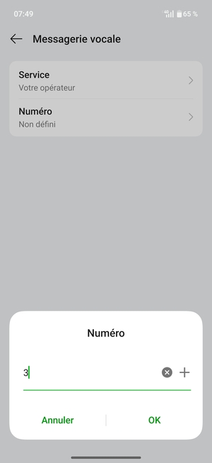 Saisissez le Numéro de messagerie vocale et sélectionnez OK