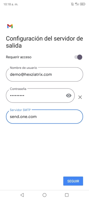 Introduzca la dirección de servidor saliente y seleccione SEGUIR