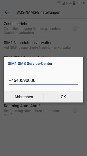 Geben Sie die SIM SMS Service-Center Nummer ein und wählen Sie OK