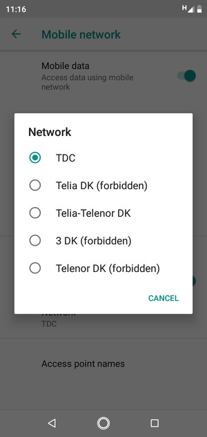 Select a network operator from the list