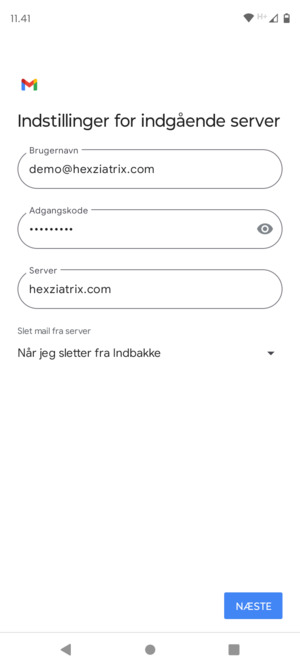 Indtast Brugernavn og indgående serveradresse. Vælg NÆSTE