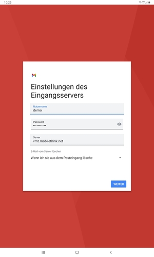 Geben Sie Benutzername und die Server-Adresse für eingehende Post ein. Wählen Sie WEITER